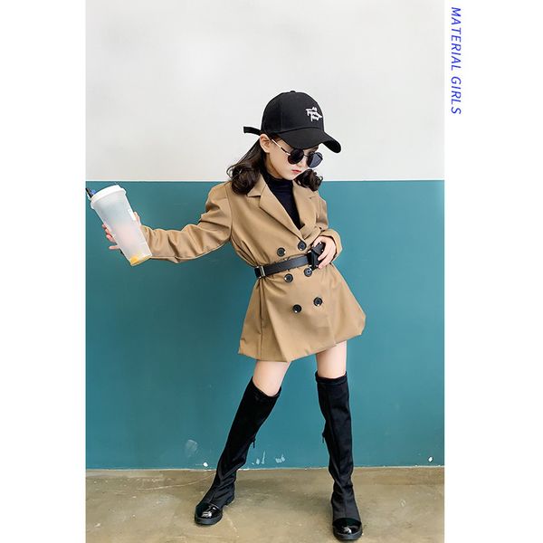 

girls coat 2019 autumn new british style double-breasted waist slimming puff sleeves ocean windbreaker cardigan tide, Blue;gray