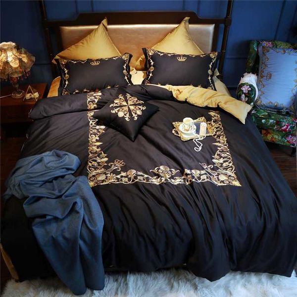

new luxury black white blue red egyptian cotton bedding set gold crown embroidery duvet cover bed linen fitted sheet pillowcases