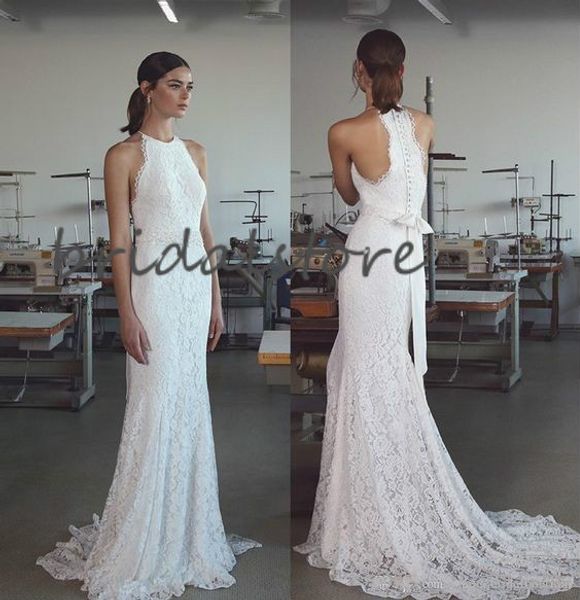 

berta bridal boho wedding dresses full lace sleeveless slim bohemian wedding dress jewel button back 2020 wedding dresses bridal gowns, White
