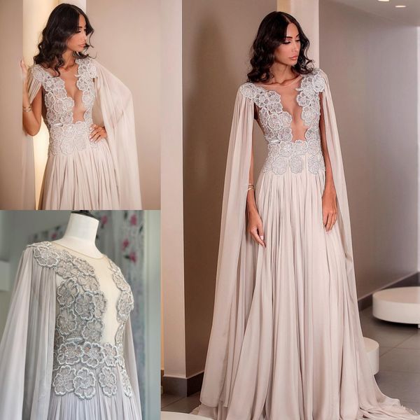 

2020 arabic long robe evening dresses chiffon appliqued jewel neck sweep train a line prom dress with cape formal gowns party wear, Black