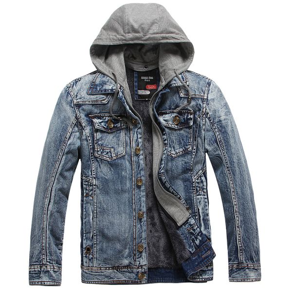 

heflashor winter thick fleece denim jacket men jeans coat cargo jackets streetwear casual vintage biker coat for men blue, Black;brown