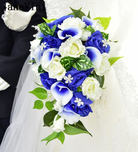 Acheter Janevini Bouquets De Mariage De Fleurs Bleues Avec Cristal Cascade Rose Artificielle Bouquet De Soutien De Mariée Mariées Tenant Des Fleurs De