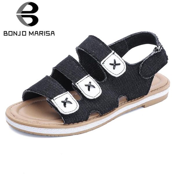 

bonjomarisa round toe sewing female summer sandals hook loop low heel sandals women 2020 leisure fashion shoes woman, Black