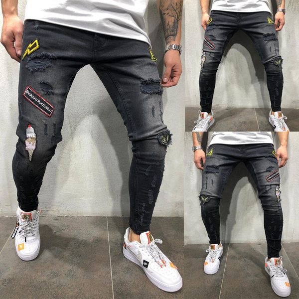 

2019 new men ripped skinny biker jeans destroyed frayed print embroidery slim fit elastic force denim pant jean, Blue