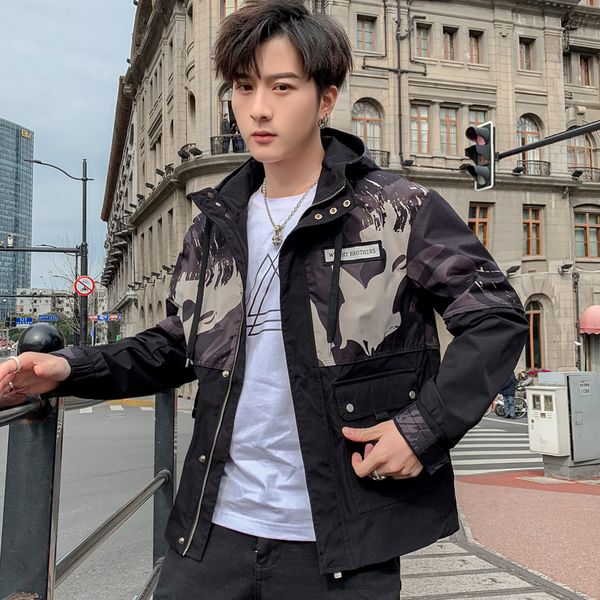 

jacket male 2019 spring and autumn new casual comfortable printing men's hooded pullover jacket trend black beige, Black;brown