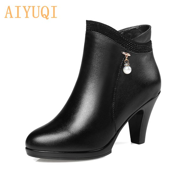 

aiyuqi 2020 ms ankle boots genuine leather women boots thick heel zipper shoes wool ankle fashion, Black