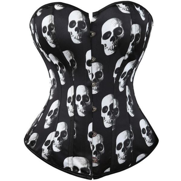 

punk skull pattern corset for women overbust strapless waist corsets and bustiers lace up corpete corselet, Black;white