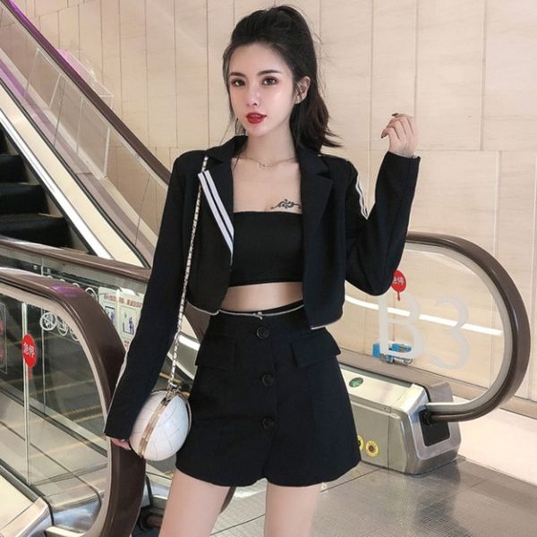 

ewq] 2020 summer new lapel long sleeve black blazer + sphigh waist split black mini skirt female casual 2 piece set, White