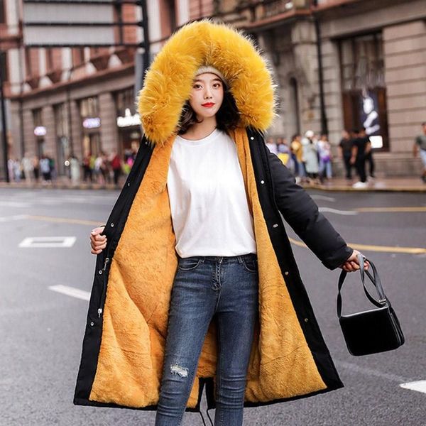 

winter thickened parka women long coat large fur collar hooded down paaded parka warm casual plus size overcoat, Black