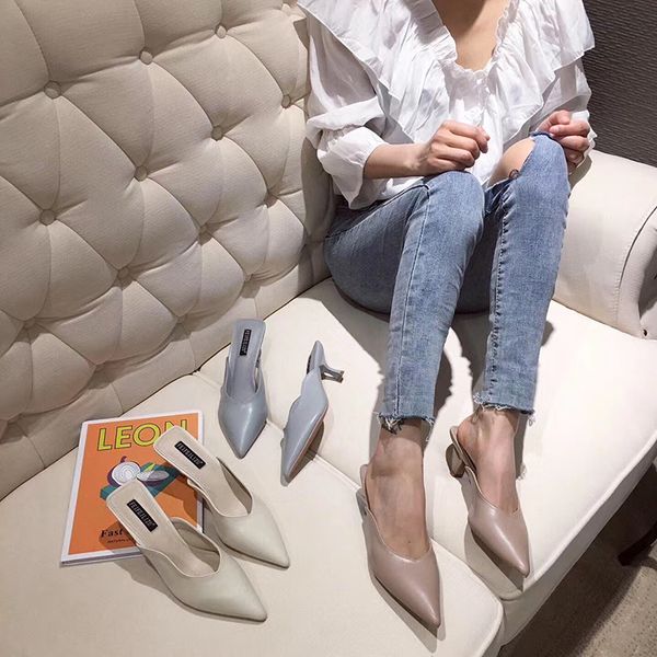 

fashion women slippers thin mid heels slides mules shoes casual solid color elegant pointed toe mules shoes casual pumps, Black