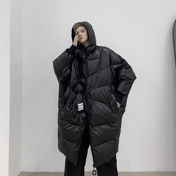 

men hooded long cotton padded jacket winter black toy pendant parka male women streetwear gothic loose overcoat outerwear