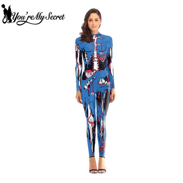 

you're my secret] 2018 halloween scary costume for women party humen eye skeleton terrible cosplay blue pink bodysuit catsuit, Black;red
