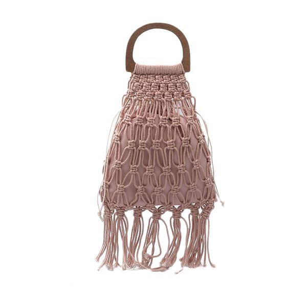 

woven bag wooden portable hollow cotton rope tassel beach bag vacation net knit handbag pink