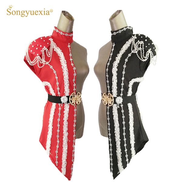 

2019 new sequins black red patchwork stage dance costumes female singer ds dj costumes white pearl chain collar dance wear
