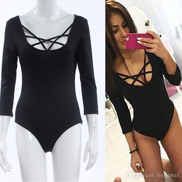 

2020 women 3/4 sleeve bodysuit bodycon lady leotard body jumpsuit t-shirt v neck hollow out bodysuit, Black;white