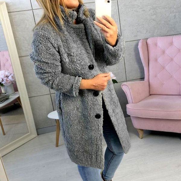 

2019 new women's fashion long sleeve lapel coat jacket soft warm autumn winter female buttons solid long outwear, Tan;black