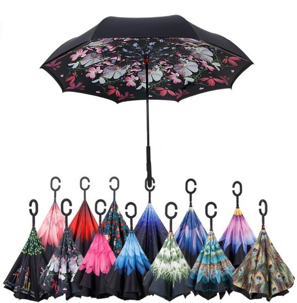 

new printing umbrella sunny rainy umbrella reverse folding inverted umbrellas with c handle double layer inside out windproof umbrellas 5063