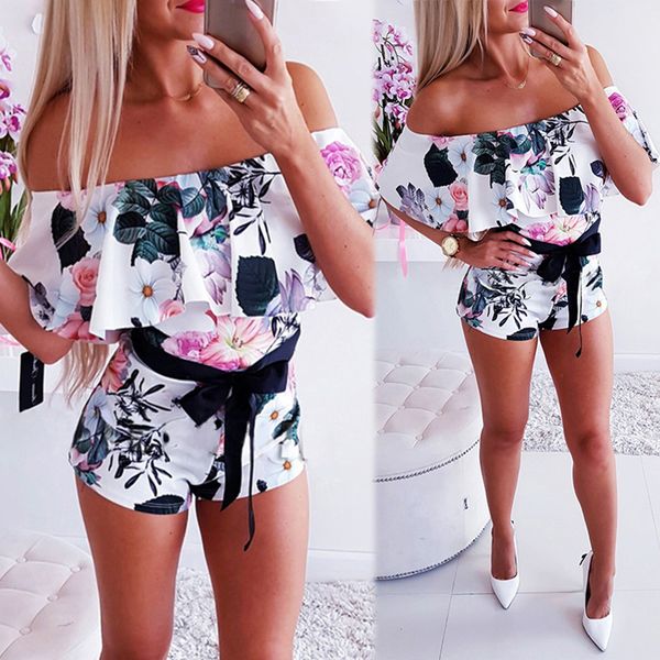 

selling short jumpsuits floral print one-shoulder straps waist jumpsuits playsuits slim rompers plus size, Black;white