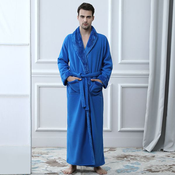 

blue robe for men v-neck thick chilly winter bathrobe warm flannel robe ankle-length long robes with pockets, Black;brown