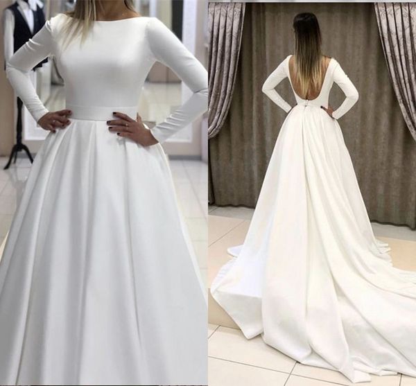 

winter long sleeve wedding dresses 2019 open back bateau satin ruched country wedding dress bridal party gowns custom made, White