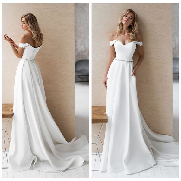 Noble White Off Shoulder Wedding Dresses With Beaded Sash