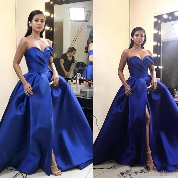 

2019 Newest Royal Blue Evening Dresses Sweetheart Front Split Formal Prom Gowns Floor Length Satin Evening Gowns Custom Made Cheap