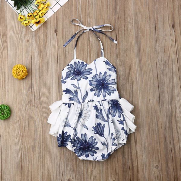 

summer princess ruffle newborn baby bodysuits clothes cute ruffle floral sleeveless lace up jumpsuit toddelr infant beachwear, Blue