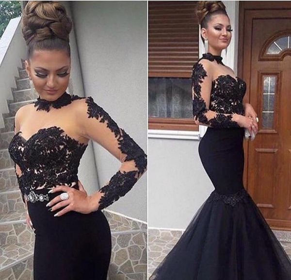 Preto Gola Alta Vestidos de Baile Sexy Ver Através de Tule Sereia Longo Prom Vestido de Festa Apliques Glamourosos Manga Comprida Com Zíper Vestido de Noite