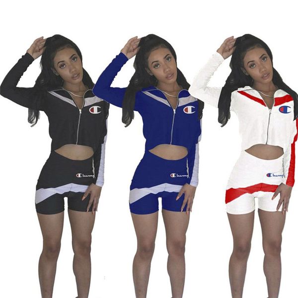

Women champion plicing zipper outfit letter print ummer track uit long leeve zipper crop hoodie jacket hort 2pc et 2019 c3201