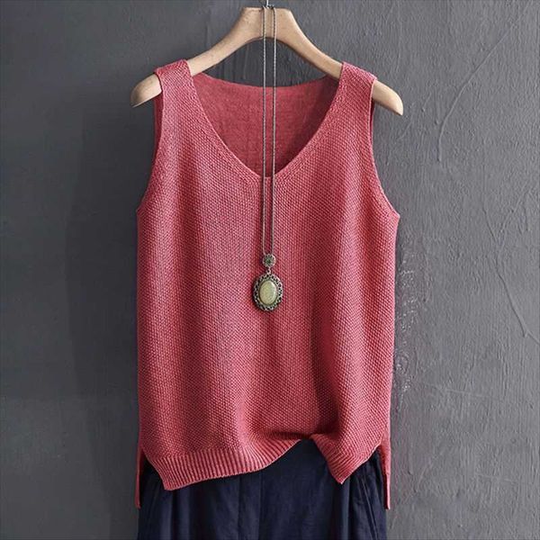 

and knitted loose large size v-neck camisole female summer wear cotton linen t- cotton linen fat mm sleeveless t-shirt short casual base sh, White