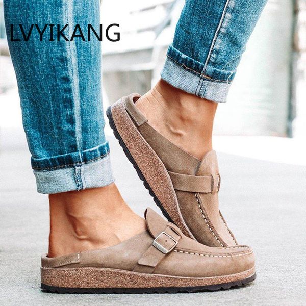 

women retro sandals 2020 summer slip on casual comfy leather buckle suede ladies flat shoes 35-43 soft female flat slipper shoes, Black