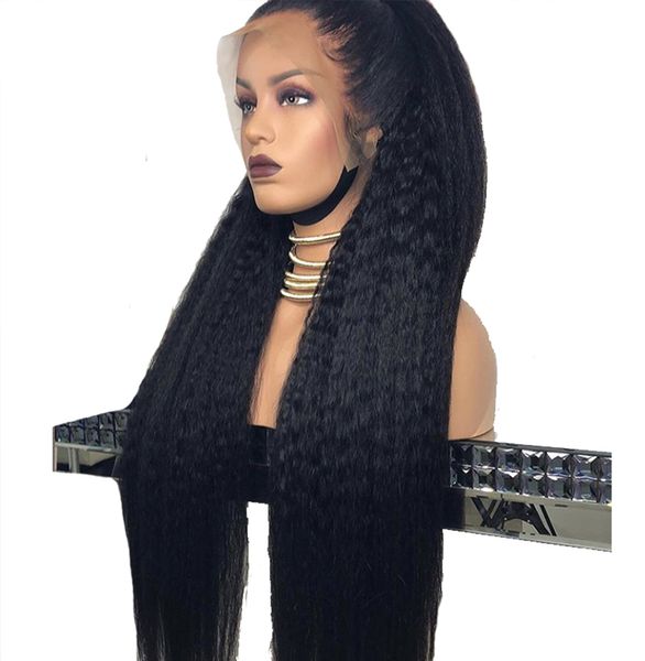 Beleza 150density yaki linear brasileira frente peruca preto / castanho / louro / borgonha sintético calor peruca resistente para mulheres