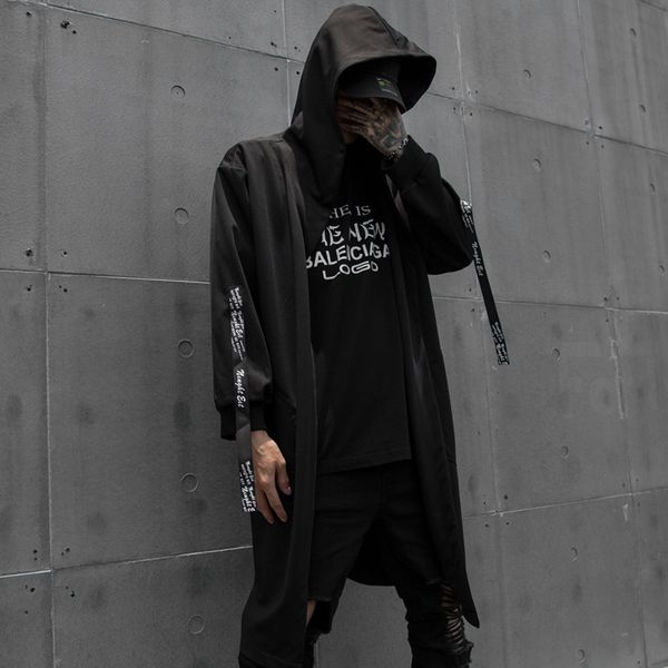 

men windbreaker ribbon splice loose long hooded trench coat cloak jacket cardigan male streetwear hip hop punk gothic outwear, Tan;black