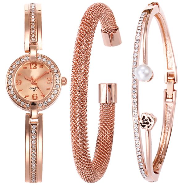 

fashion rhinestone steel strip watch set for women jewelry and watches zinc alloy bracelet watch set clock dropshipping, Slivery;brown