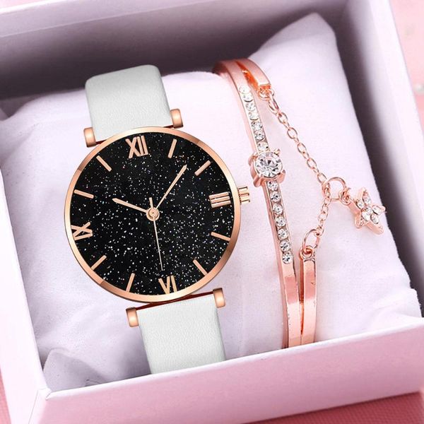 

2020 women starry sky roma watch bracelet set luxury ladies leather quartz wrist watches zegarek damski, Slivery;brown