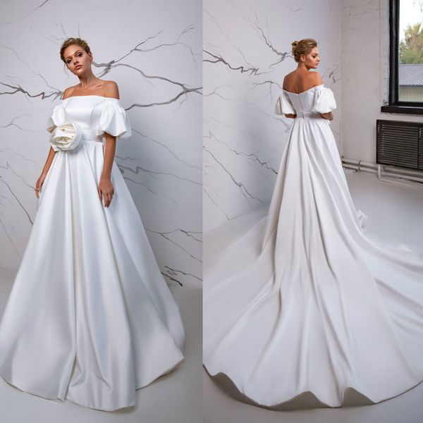 

2020 bohemian wedding dresses off shoulder short sleeves lace satin bridal gowns custom made sweep train a-line wedding dress, White