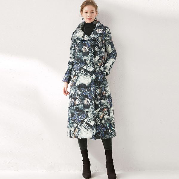 

ink printing down jacket women's warm jacket down woman hooded long coat women, Black