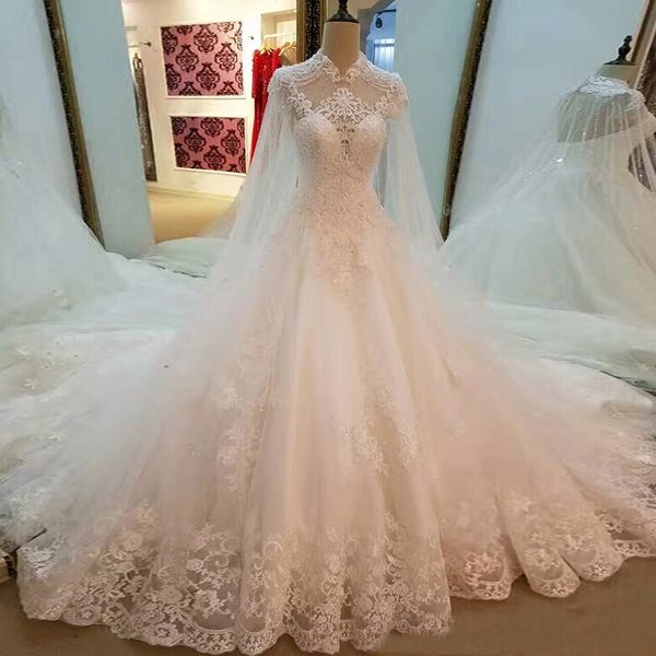 

elegant high neck white tulle fall wedding dresses with watteau train lace appliques ball gown wedding dresses online bridal gowns