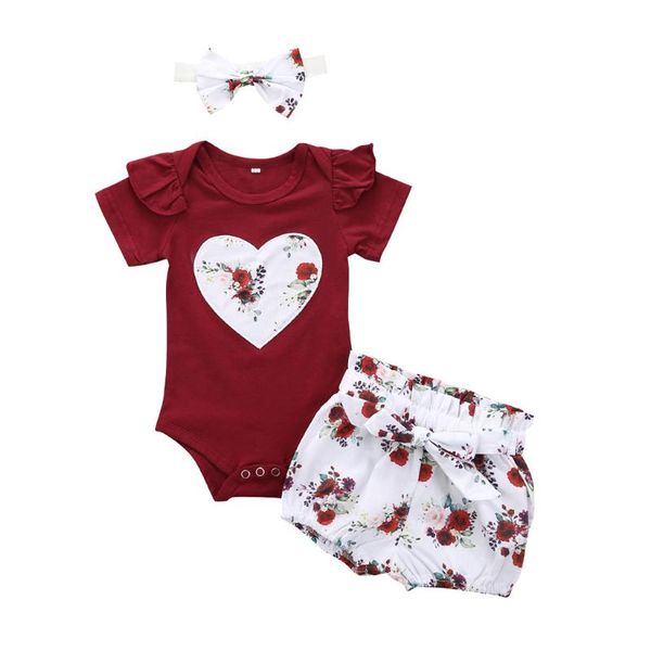 

3pcs newborn baby girls clothes ruffles floral printed romper jumpsuit bowknot shorts+headbands outfits for 6 12 18 24months, White