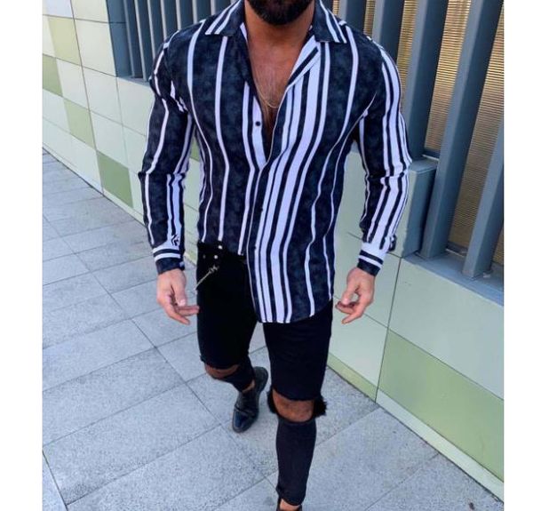 

long sleeved mens designer shirts striped printed casual street style slim cool button lapel neck shirts fashion mens shirts, White;black