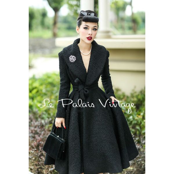 

le palais vintage elegant retro 100% wool lapel waist skirt type woolen coat, Black