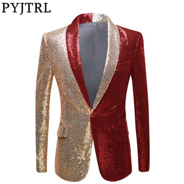 

pyjtrl new men half colors gold red black sequins slim fit blazers night club singers sequin suit jacket shawl lapel party wear, White;black