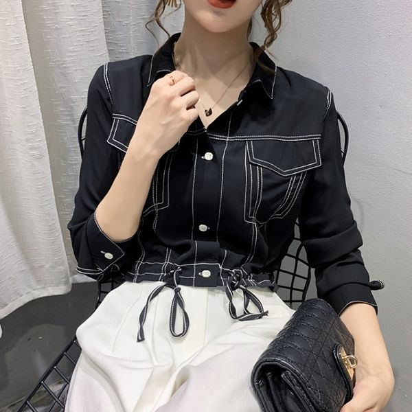 

ниша design short поло воротник рубашки женские 2020 начале осени new hong kong-style all-матч шифона с длинными рукавами против морщин руба, White