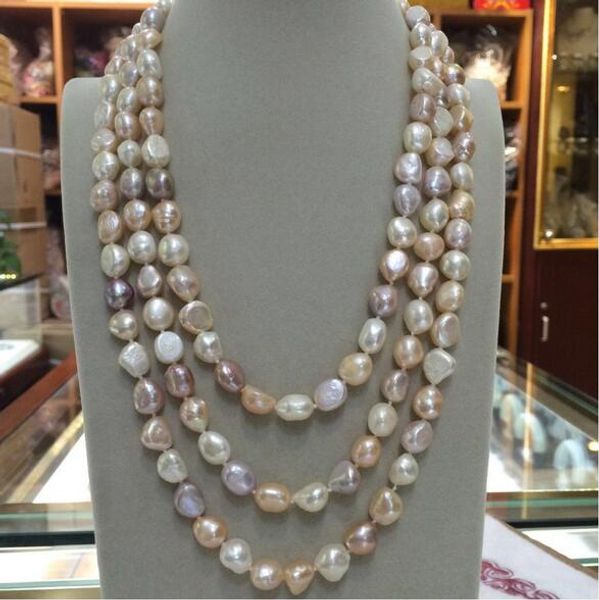 

new long 60"9-10mm baroque white+pink+purple freshwater pearl necklace, Silver