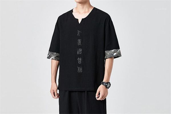 

обычная длина китайский стиль tops homme v образным вырезом с коротким рукавом тройники мужские письмо вышивки обшитую панелями tshirts mens, White;black