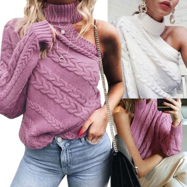 

winter women knitting sweater warm winter turtleneck sweater one sleeve lady pullover thick knitted fashion soft elastic, White;black