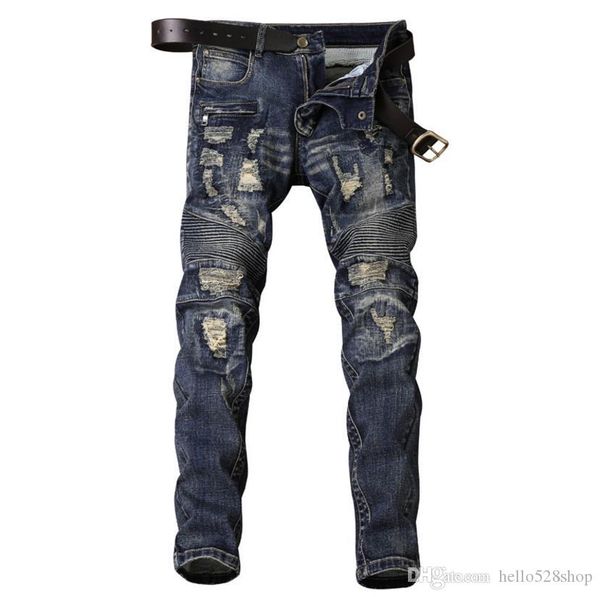 

fashion designer motorcycle bike jeans pants stretch elastic hole beggars male casual trousers for men all season, Blue