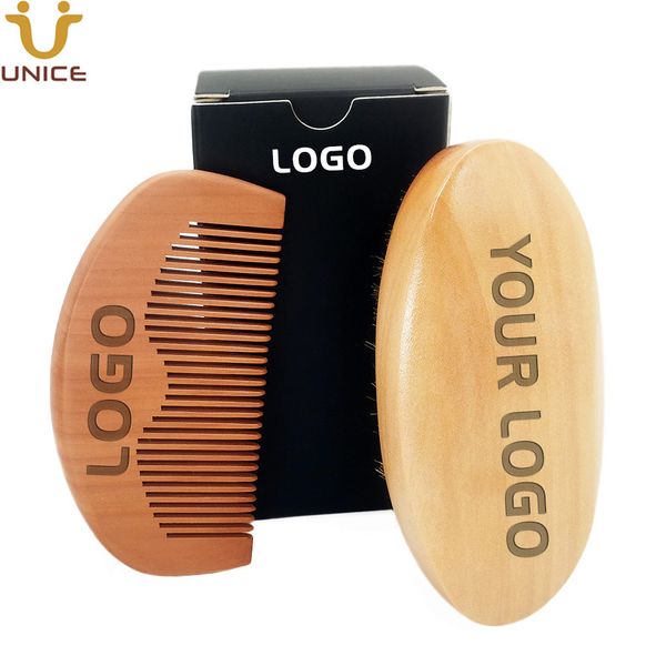 MOQ 100 Sets individuelles Logo für Bart- und Schnurrbart-Pflegesets, Bartbürste und Pfirsichholzkammanzug mit aufgedruckten Logos auf der Box