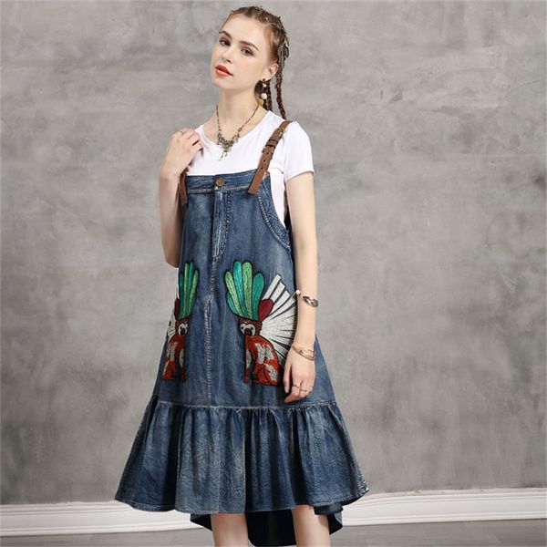 

casual dresses vintage spaghetti strap dress 2021 summer denim women embroidery adjustable suspender 82221 female vestidos, Black;gray