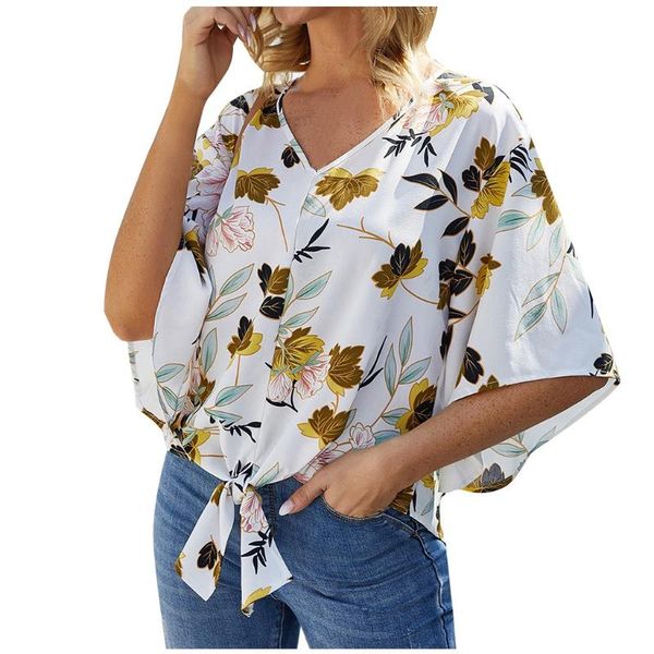 

jaycosin 2020 fashion print boho women summer elegant long sleeve v neck bow chiffon blouse tie casual blouse 1217, White
